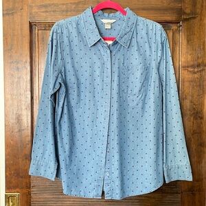 Christopher & Banks Purple Polka Dot & Chambray Button Down Collared Top Size M